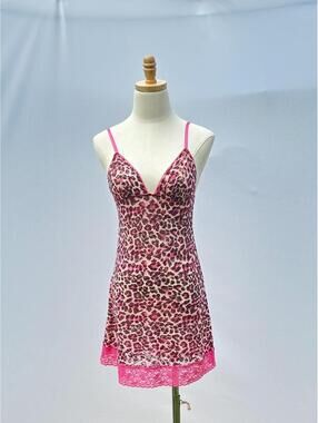 Vintage Victoria's Secret y2k Pink Leopard Lace Mesh Slip Dress Small